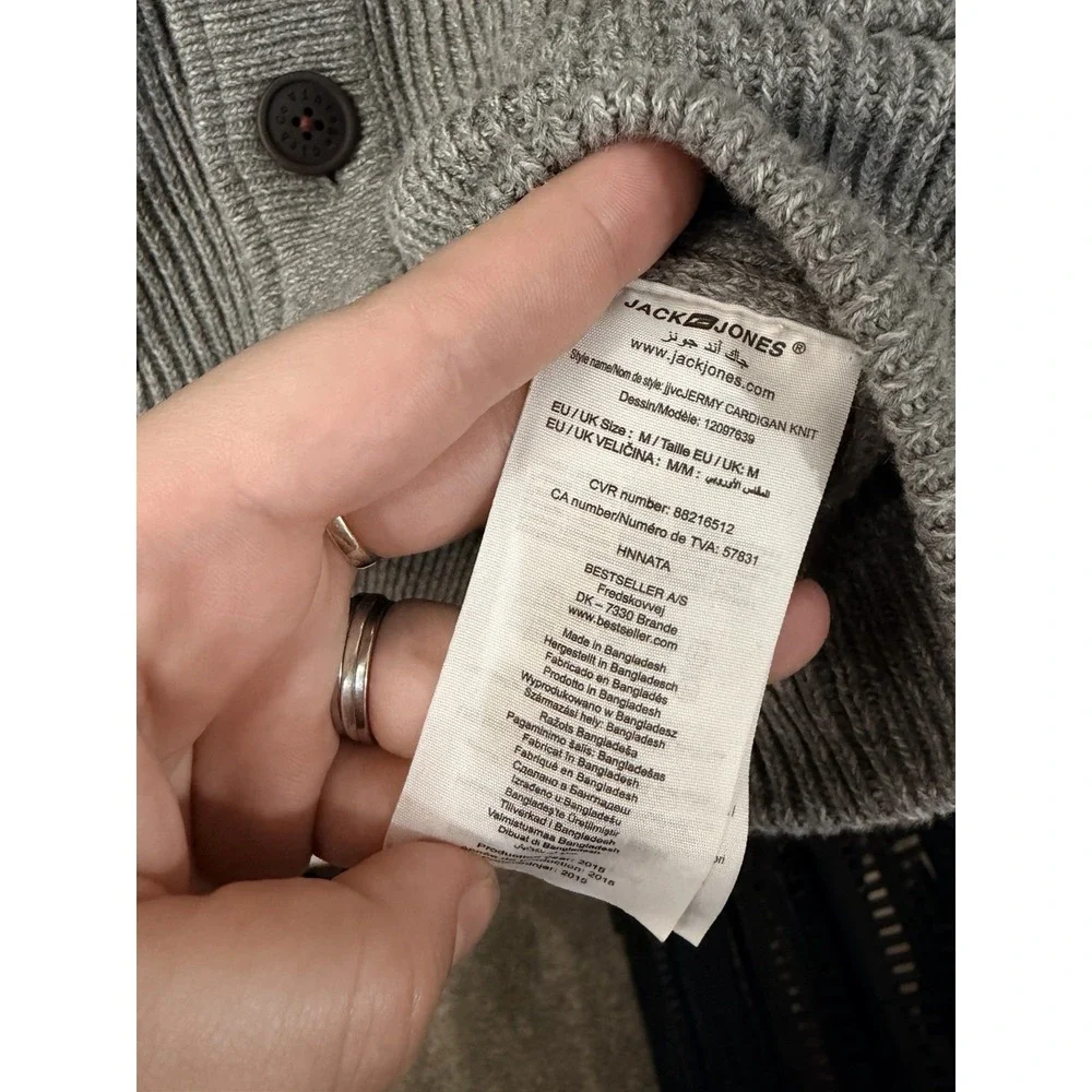 Jack & Jones Shawl Collar Cardigan Gray Rib Knit 100% Cotton Men's M